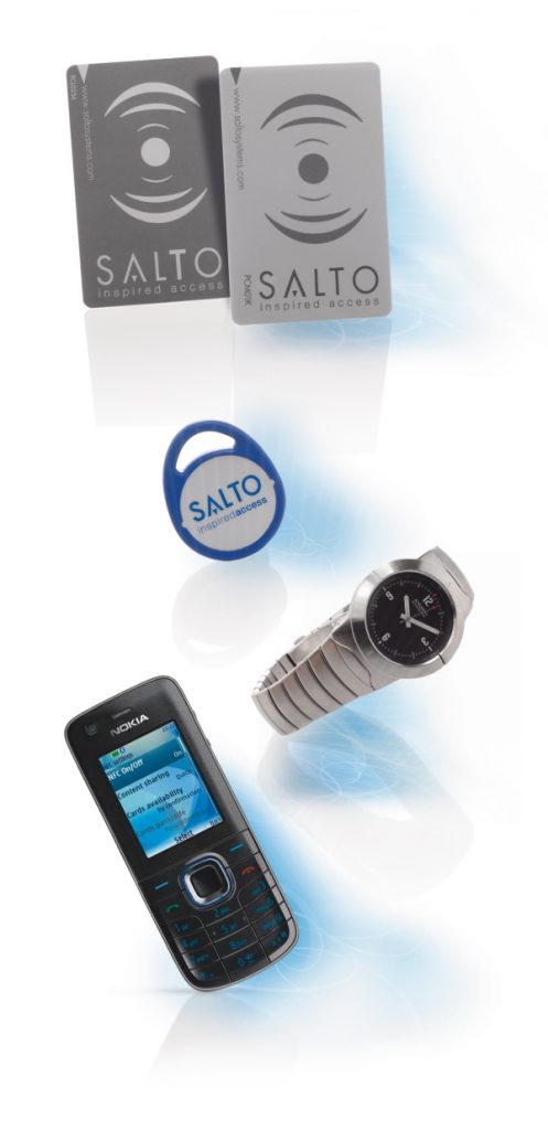 Sidebar image of Salto access equipment - cards, tags, smart watches and mobile phones.